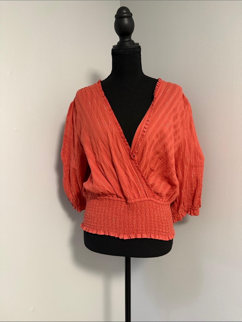 Express Rust Orange Metallic-Thread Wrap Blouse